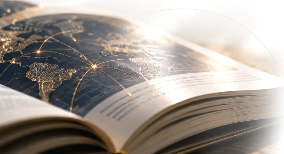 Libro académico abierto sobre un mapa del mundo con conexiones globales
